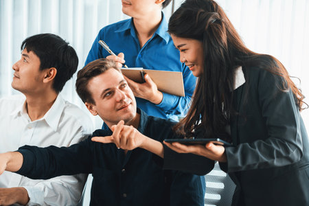 Group of diverse office worker employee working together on strategic business marketing planning in...
