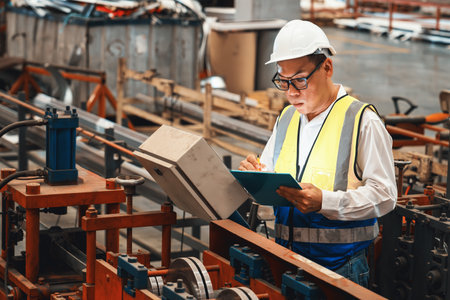 Factory engineer manager conduct inspection of industrial steel forming machine, exemplifying leadership as metalwork machinery engineering inspection supervisor in the facility.の写真素材