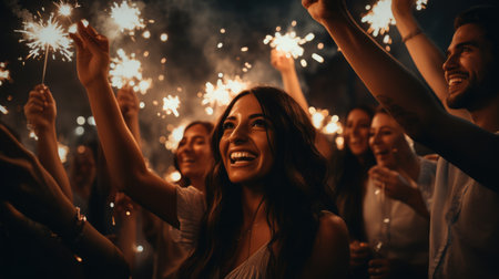 A cheerful group of friends enjoy new year party at nightclub People are drinking, dancing and having a good time at the party comeliness.の素材