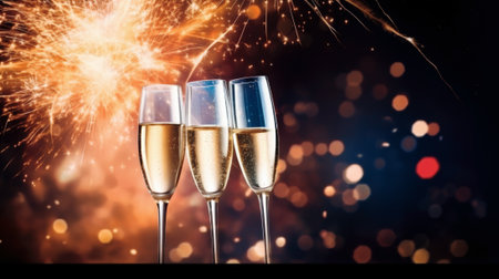 New Years celebration with fireworks and champagne glasses at night comelinessの素材