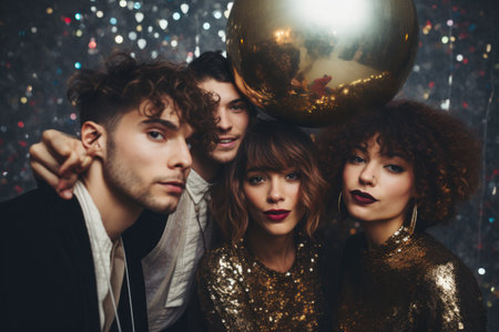 A cheerful group of friends enjoy new year party at nightclub People are drinking, dancing and having a good time at the party comeliness.の素材