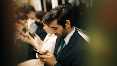 Smiling caucasian business man looking at mobile phone or playing social media while sitting in...