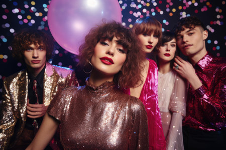 A cheerful group of friends enjoy new year party at nightclub People are drinking, dancing and having a good time at the party comeliness.の素材