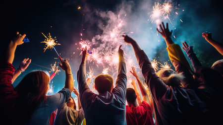 Crowd of People Watch Fireworks Display for New Years or Fourth of July Celebration comelinessの素材