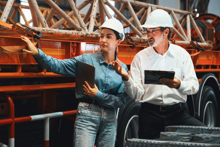 Factory manager inspecting industrial steel machinery and overseeing while supervising and enhancing quality control process for metal material product. Exemplifyingの写真素材