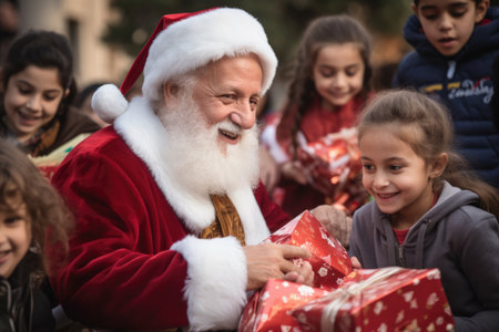 Santa Claus giving christmas gift to children in the city with comelinessの素材