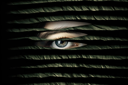 Scary eye peek out of strip lines abstract concept of unhappy vision minimal comelinessの素材