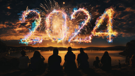 Firework explosion in the night sky celebrating happy new year 2024 . National firework shooting in the beautiful sky for a new year day of year 2024 .の素材