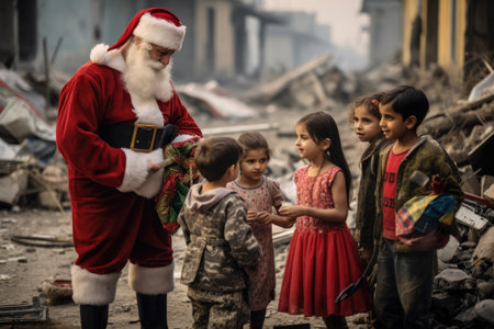 Santa Claus giving christmas gift to children in the city with comelinessの素材