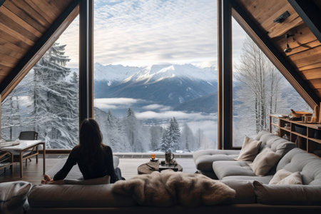 Traveler enjoying weekends inside contemporary barn house in the mountains. Happy tourist looking through panoramic windows in new cottage. comelinessの素材