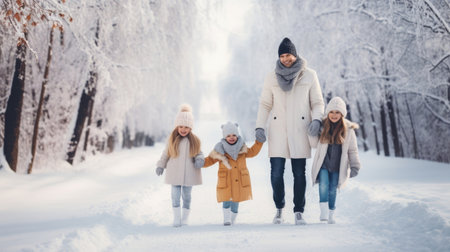 Happy family Father, mother and children are having fun and playing on snowy winter walk in nature. comelinessの素材