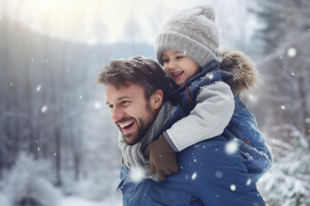 Happy family having fun while travel outdoor in winter enjoying time together comelinessの素材