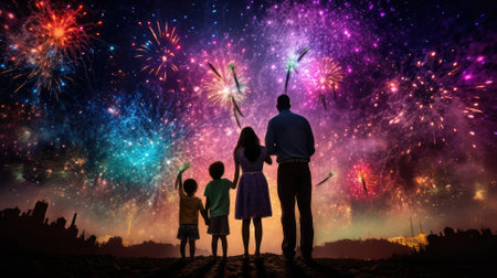 Happy people looking up to the sky with firework in new year 2024 night celebrate happy new year festival 2024 comeliness.の素材