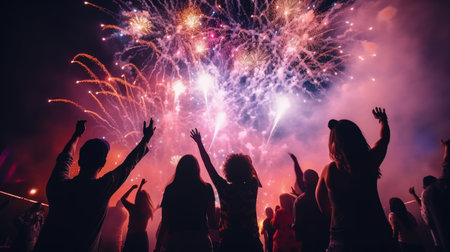 Crowd of People Watch Fireworks Display for New Years or Fourth of July Celebration comelinessの素材