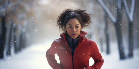 Healthy person running in public park in winter comeliness practicing fitness and strengthの素材