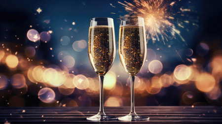 New Years celebration with fireworks and champagne glasses at night comelinessの素材