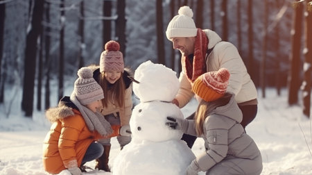 Happy father, mother and kids gathering in snow-covered park together sculpting funny snowman from snow. Parents and children playing outdoor in winter forest. Family active holiday comelinessの素材