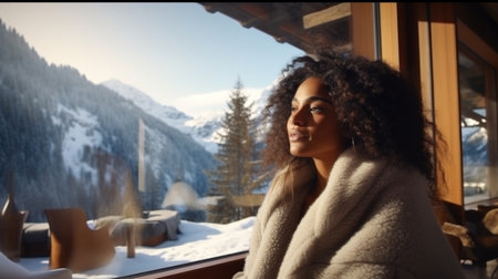 Traveler enjoying weekends inside contemporary barn house in the mountains. Happy tourist looking through panoramic windows in new cottage. comelinessの素材