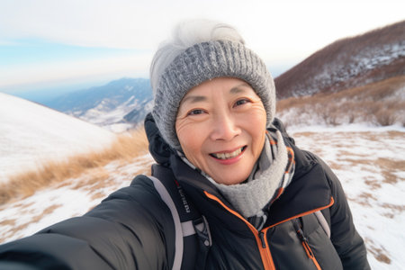 Traveler influencer taking selfie during travel in winter season backpack on alps mountain comelinessの素材
