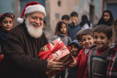 Santa Claus giving christmas gift to children in the city with comelinessの素材