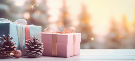 Christmas gift boxes on a wood table ready for joyful holiday celebration, merry Christmas and happy new year 2024 festival comelinessの素材