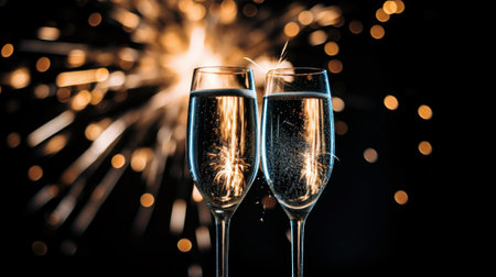 New Years celebration with fireworks and champagne glasses at night comelinessの素材