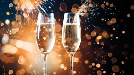 New Years celebration with fireworks and champagne glasses at night comelinessの素材