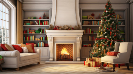 Interior of decorated living room with Christmas tree and comfortable sofa for family comelinessの素材