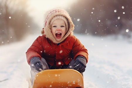 Funny little child runs on sledge in snow. Active sports games in winter time. Happy winter holidays concept. comelinessの素材