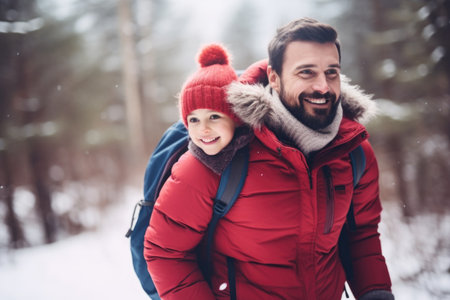 Happy family having fun while travel outdoor in winter enjoying time together comelinessの素材