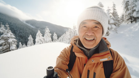 Traveler influencer taking selfie during travel in winter season backpack on alps mountain comelinessの素材