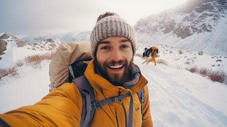 Traveler influencer taking selfie during travel in winter season backpack on alps mountain comelinessの素材