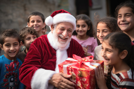 Santa Claus giving christmas gift to children in the city with comelinessの素材