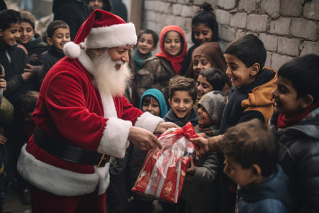 Santa Claus giving christmas gift to children in the city with comelinessの素材
