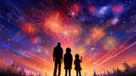 Happy people looking up to the sky with firework in new year 2024 night celebrate happy new year festival 2024 comeliness.の素材