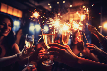 Friends celebrating Christmas or New Year eve party comelinessの素材