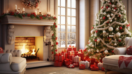 Interior of decorated living room with Christmas tree and comfortable sofa for family comelinessの素材