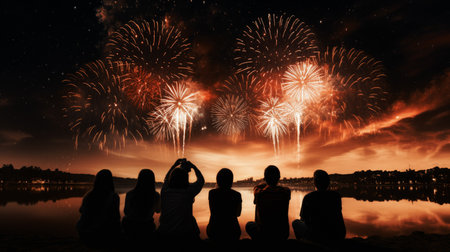 Firework explosion in the night sky celebrating happy new year 2024 . National firework shooting in the beautiful sky for a new year day of year 2024 .の素材