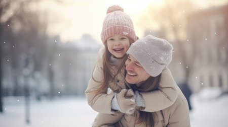 Happy family having fun while travel outdoor in winter enjoying time together comelinessの素材