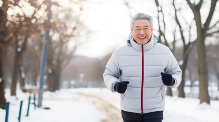 Healthy person running in public park in winter comeliness practicing fitness and strengthの素材