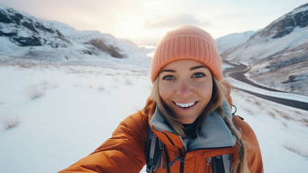 Traveler influencer taking selfie during travel in winter season backpack on alps mountain comelinessの素材