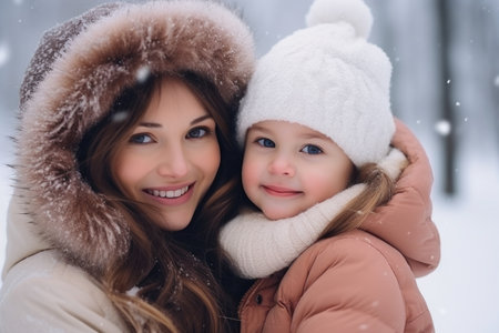 Happy family having fun while travel outdoor in winter enjoying time together comelinessの素材