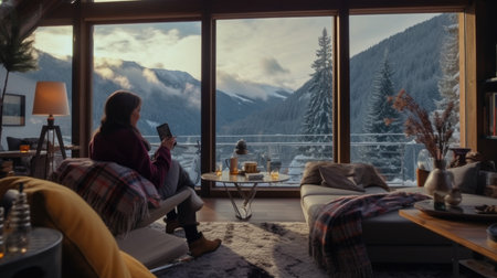 Traveler enjoying weekends inside contemporary barn house in the mountains. Happy tourist looking through panoramic windows in new cottage. comelinessの素材