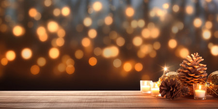Merry Christmas and Happy New Year background with empty wooden table over Christmas tree and blurred light bokeh. Empty display for product placement. Rustic vintage Xmas 2024 background. comelinessの素材