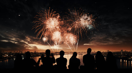 Firework explosion in the night sky celebrating happy new year 2024 . National firework shooting in the beautiful sky for a new year day of year 2024 .の素材