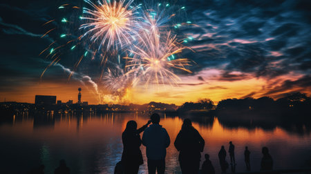 Firework explosion in the night sky celebrating happy new year 2024 . National firework shooting in the beautiful sky for a new year day of year 2024 .の素材