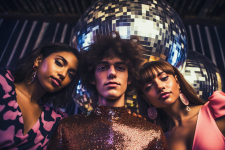 A cheerful group of friends enjoy new year party at nightclub People are drinking, dancing and having a good time at the party comeliness.の素材