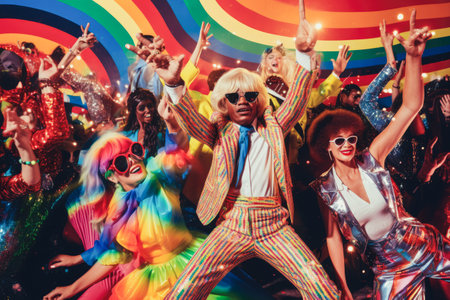 A cheerful group of friends enjoy new year party at nightclub People are drinking, dancing and having a good time at the party comeliness.の素材