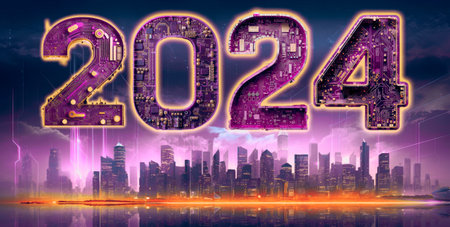 2024 new year, digital technology concept, above futuristic city skyline computer and artificial intelligence, AI for 2024 taintless lifestyleの素材