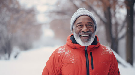 Healthy person running in public park in winter comeliness practicing fitness and strengthの素材
